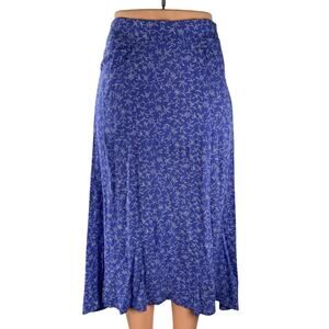 Fauxgerty Blue Floral Leaf Print High Waisted Swing Flowy Midi Slip Skirt Sz XS